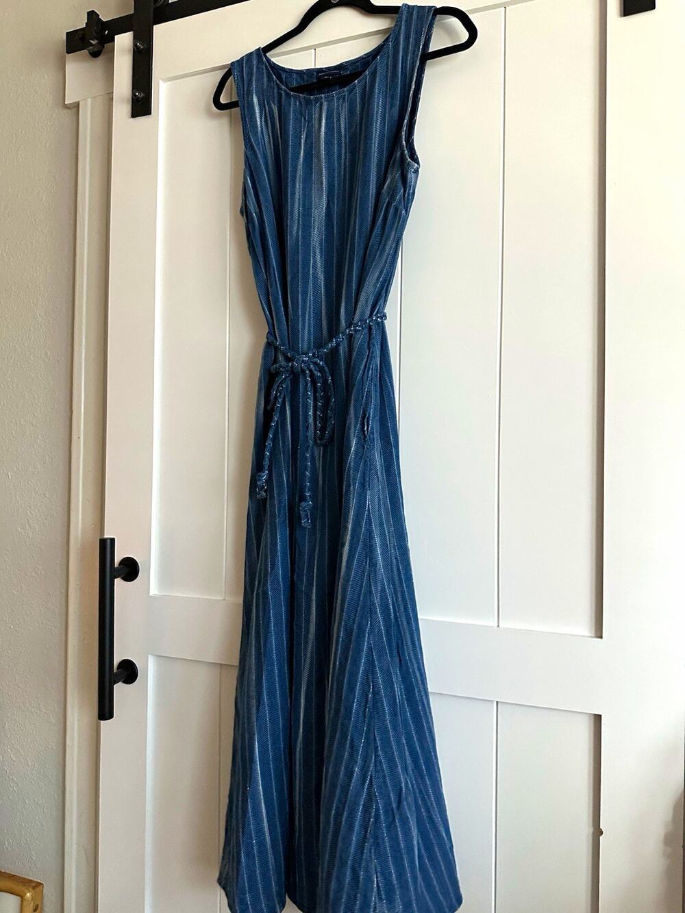 purejill INDIGO Women’s L Blue Striped Belted Vintage 100% Cotton Maxi Dress